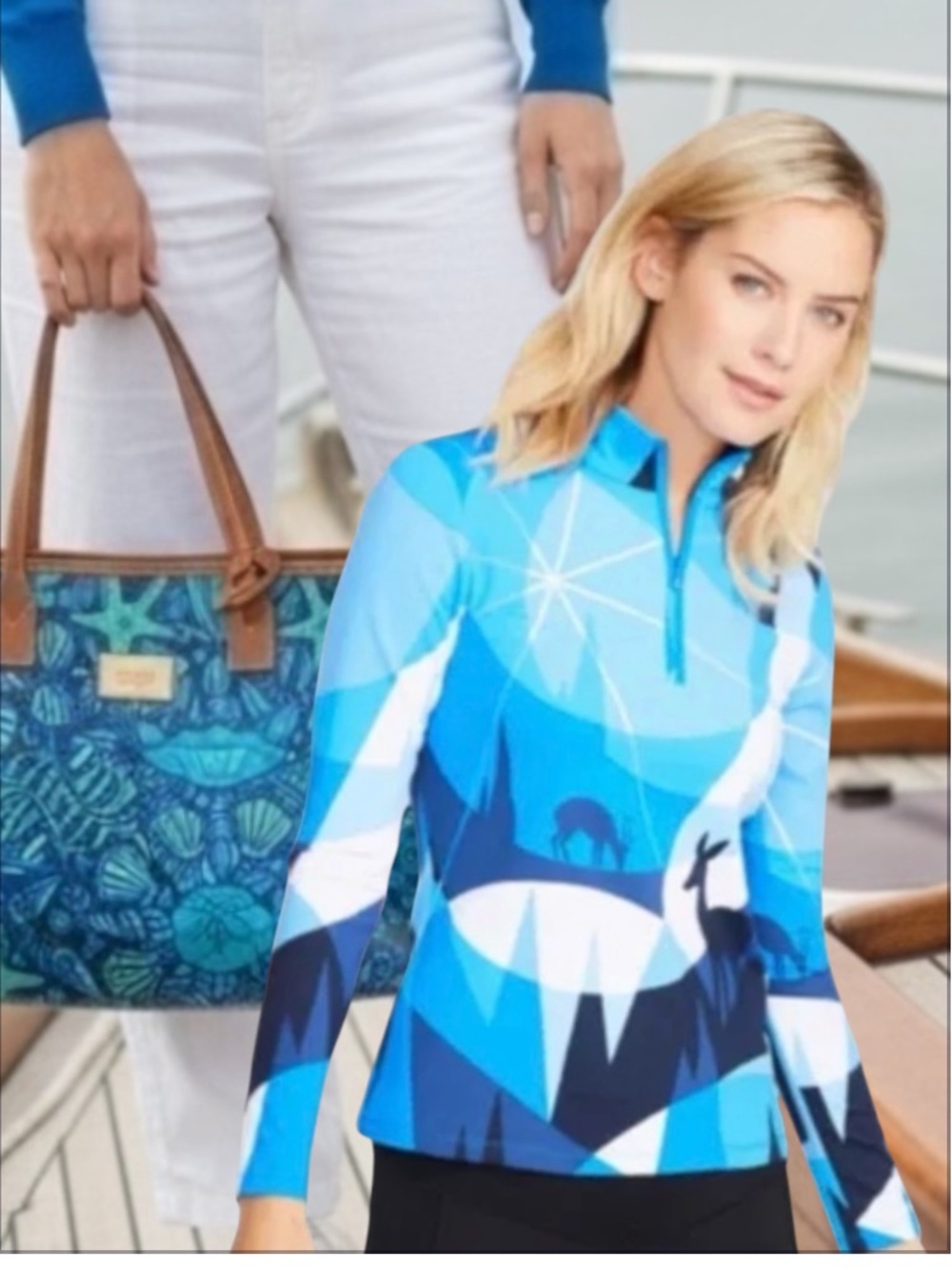 Blue Geometric Half-Zip Performance Top